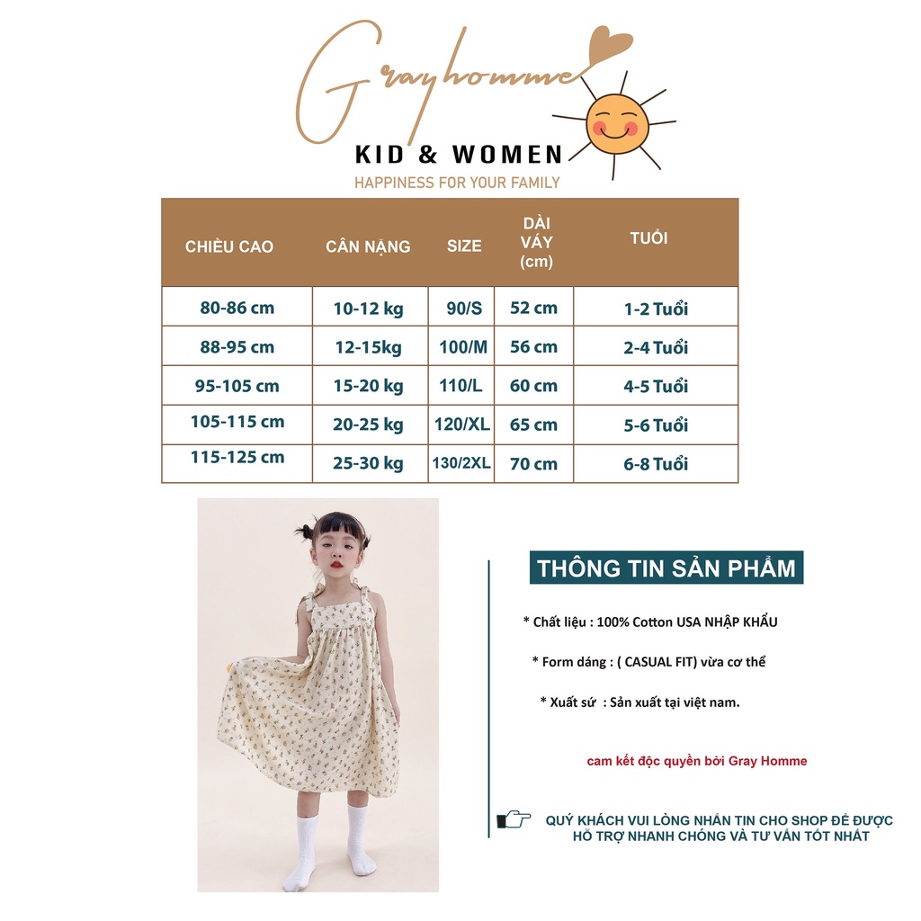 Váy bé gái 2 dây GRAYHOMME họa tiết hoa nhí, dáng rộng, chất Đũi Lụa thoáng mát thấm hút mồ hôi tốt (VK008)
