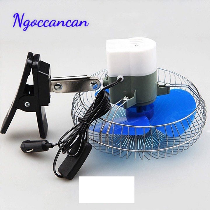 Quạt kẹp ô tô, xe tải lồng sắt 12v và 24v cánh xanh đường Kính 22cm