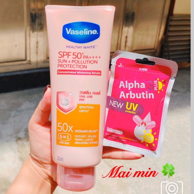 Combo dưỡng da Vaseline 50x và Vỉ 10 viên kích trắng alpha Arbutin 3 plus Thái Lan