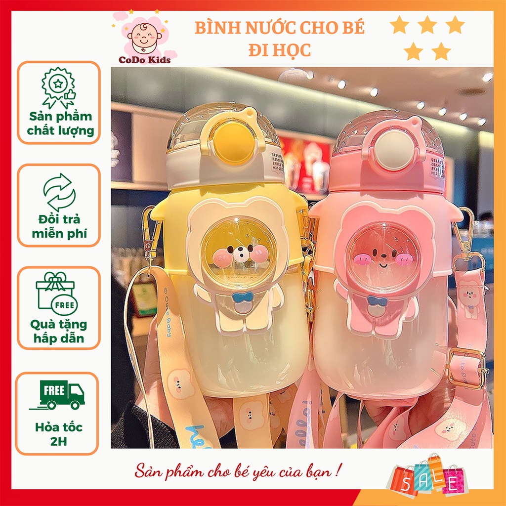 Bình Nước Cho Bé Đi Học Có Ống Hút, Bình Nước Cho Bé Cute 720ml, Bình Đựng Nước Cho Bé Hình Gấu