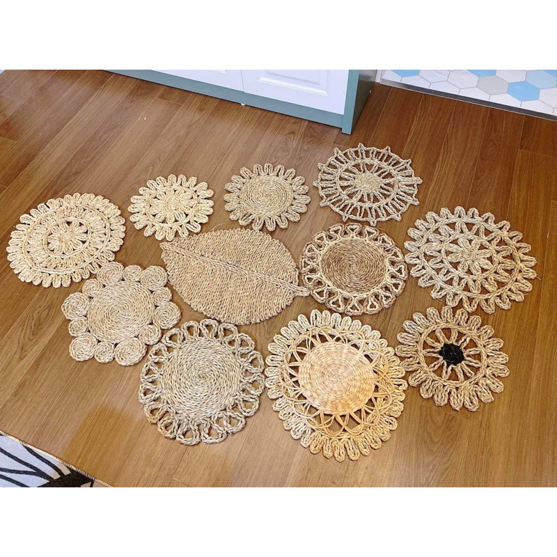 (Xưởng SX)-Thảm Cói móc xích phối màu Vintage dùng để decor bàn ăn, treo tường