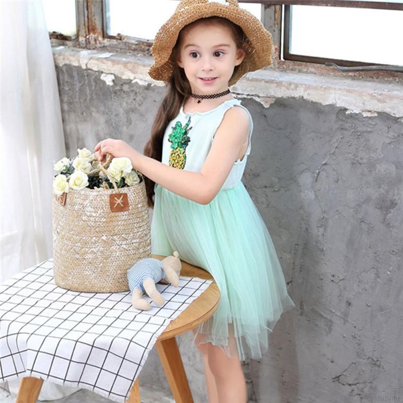 Đầm xòe cộc tay phối họa tiết trái dứa / cầu vồng xinh xắn dành cho bé gái