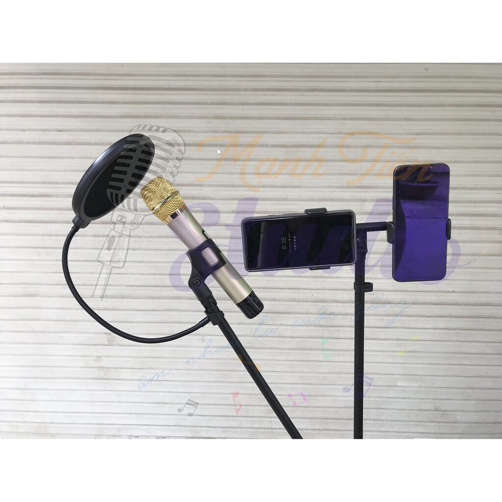 Chân đứng phòng thu, kèm màng lọc âm - kẹp hai điện thoại 360 cho karaoke gia đình, bar,sân khấu, live stream