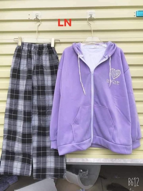Sét áo khoác tim Hàn + quần kẻ đen LN12