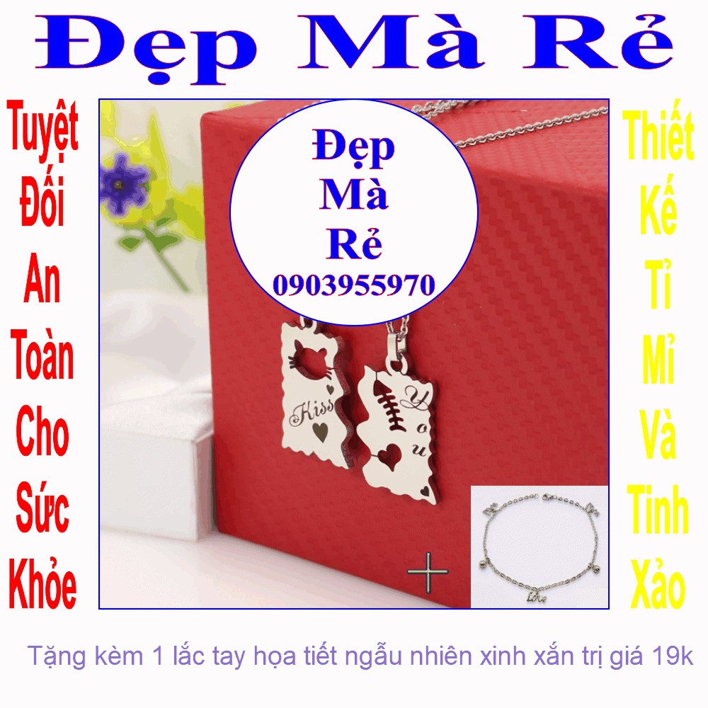 Dây chuyền cặp đẹp hình mèo và xương cá khắc chữ Kiss You - Giá bán trên là 1 cặp = 2 sợi như hình