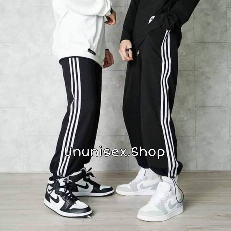 Quần thể thao ống rộng nữ viền kẻ 3 sọc trắng có dây rút gấu Ununisex - Quần jogger ống rộng nữ Ununisex
