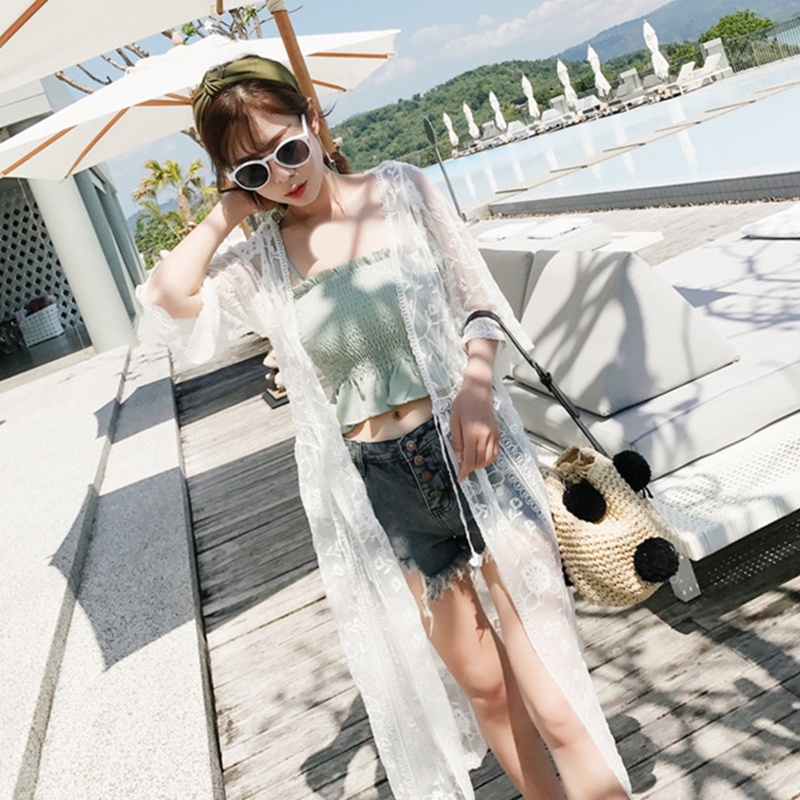 Brroa Áo Khoác Cardigan Ren Mỏng Tay Lửng Hở Phía Trước Thêu Hoa Nhìn Xuyên Thấu Gợi Cảm Cho Nữ