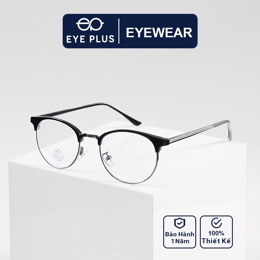 Gọng kính cận nam nữ thời trang Eye Plus dáng tròn nửa viền càng họa tiết độc đáo N280-10214