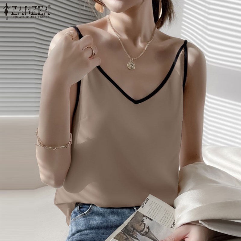 Áo hai dây ZANZEA cổ chữ V vải satin màu tương phản phong cách Hàn Quốc cho nữ