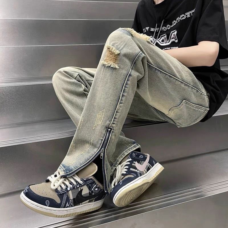 Quần jean rách ống đứng zipper streetwear Quixotic