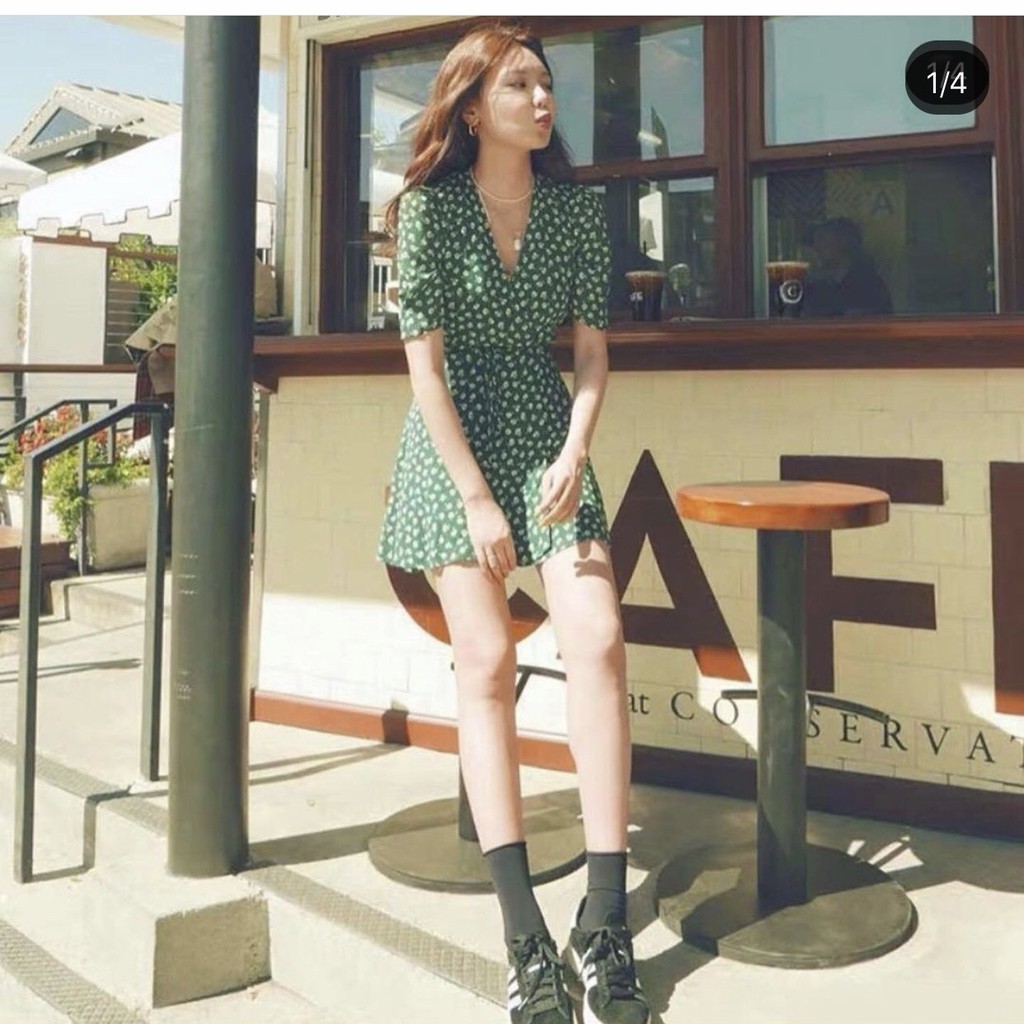 🍀 HÀNG CÓ SẴN ❣️ DRESS❣️ Váy Hoa Nhí Xanh Lá Buộc Dây Có Khuy Bấm Chắc Chắn