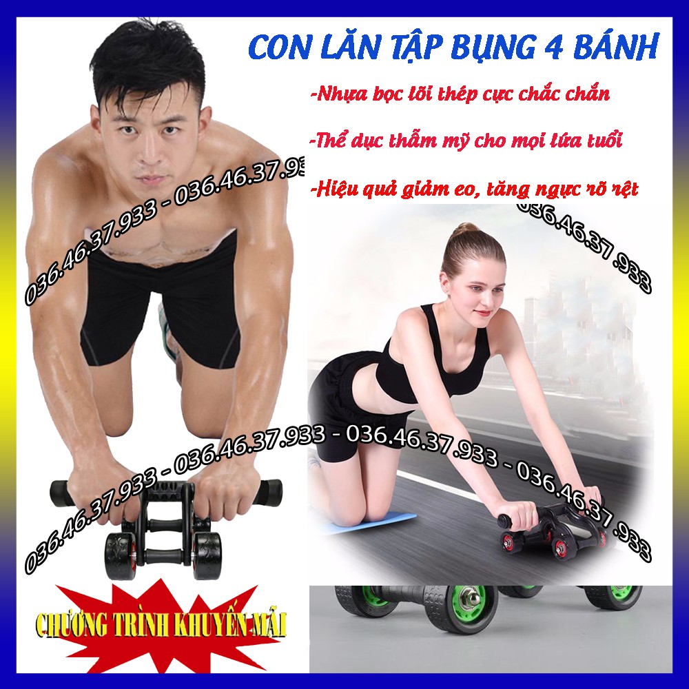 Con lăn tập cơ bụng AB 4 bánh cao cấp Kèm Thảm Dụng cụ tập gym cho nam Kiêm bánh xe lăn đẩy tập cơ bụng