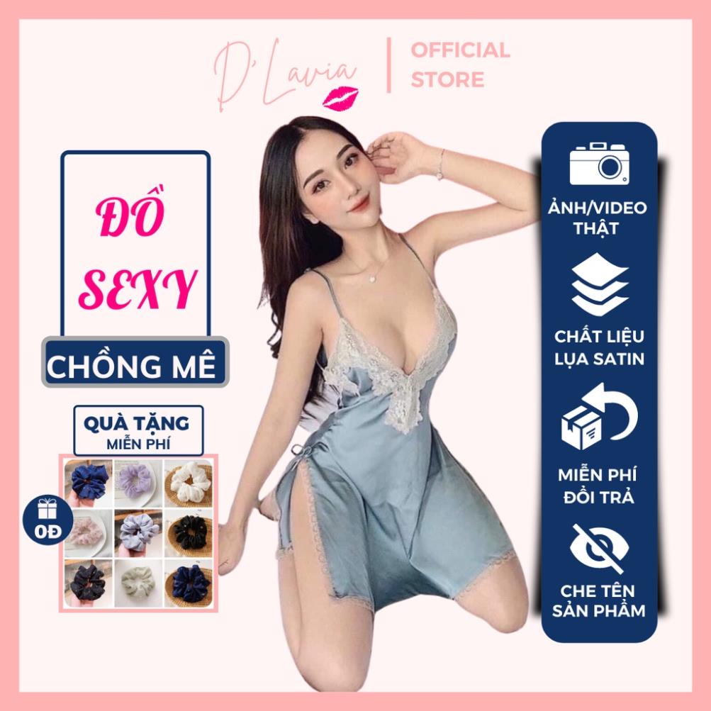 Đồ ngủ nữ hai dây sexy xẻ tà phối ren gợi cảm lụa satin mềm mại quyến rũ kèm quần đùi dễ thương AN56 - D'Lavia ! ^