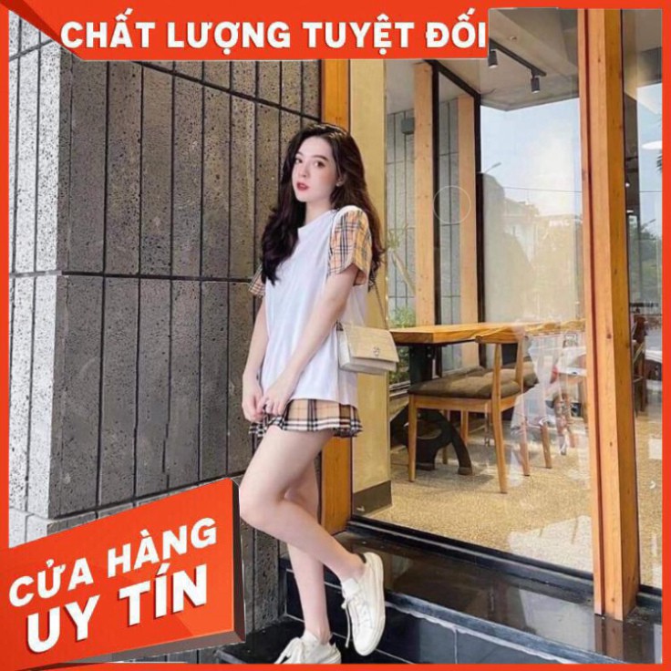 Bộ Áo Phông Chân Váy Phối Kẻ Sọc ,Váy Ngắn Xòe Áo Thun Cộc Tay 2 Màu X021 [KHUYẾN MÃI]