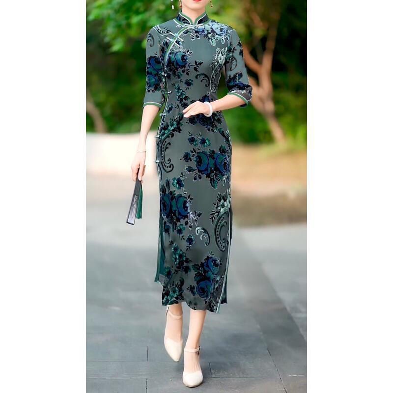 Đầm sườn xám dáng ôm dài trung bình thời trang thu đông 2021 thanh lịch cổ điển cho nữ