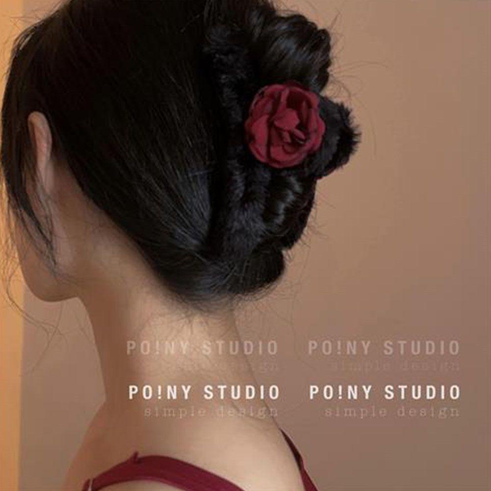 SUMU Kẹp Tóc Càng Cua Đính Hoa Hồng Vải Lông