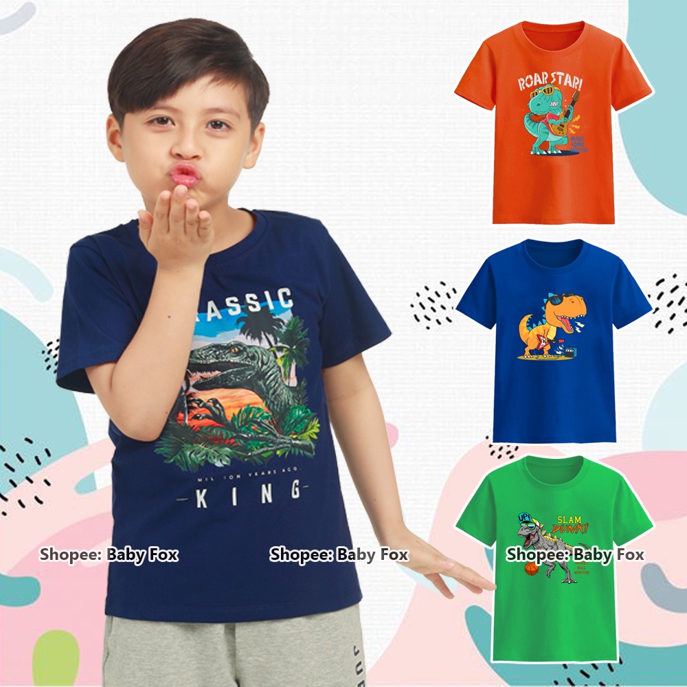Áo thun bé trai 100% cotton loại tốt, áo phông thương hiệu BABY FOX, hình khủng long, size 10-55 kg  c