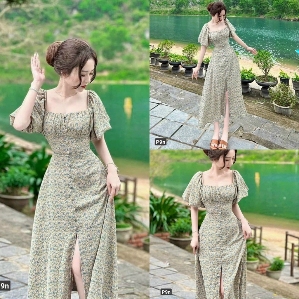 Đầm Maxi Xoè Hoa Tiểu Thư, Đầm Váy Xoè Hoa Xanh Dáng Dài Du Lịch Đi Tiệc