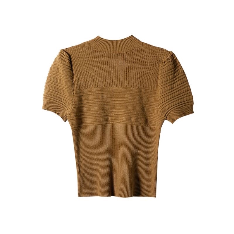 Áo len dệt kim ngắn tay áo thun 2022 mùa thu và mùa đông fom rộng rãi phần trên sọc 3 chiều