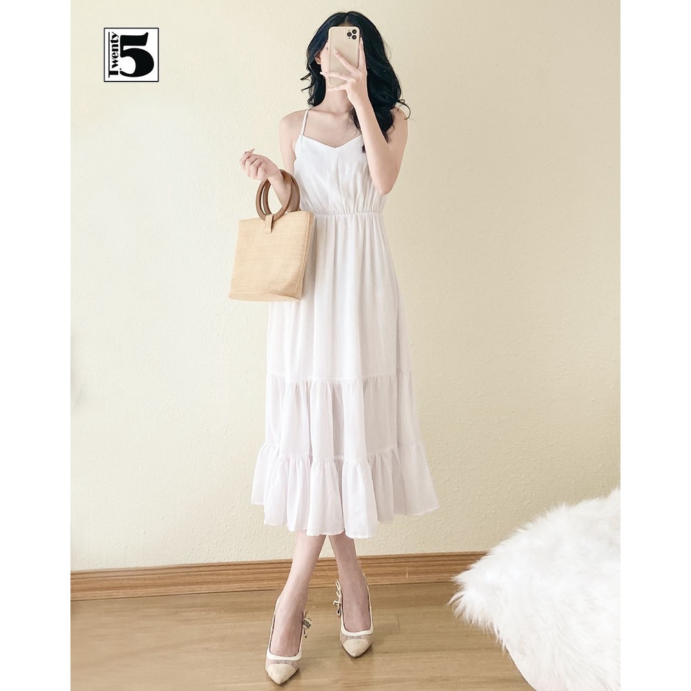 Đầm hai dây maxi đi biển dạo phố 3 tầng chun eo vải đũi mát Twentyfive NN2129