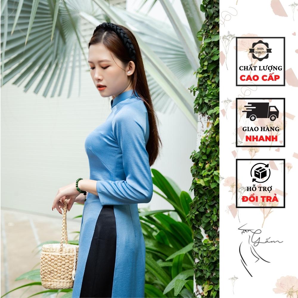 Áo dài lụa Tây Thi xanh cổ vịt tay tròn vai bồng hoạ tiết trơn sang trọng, duyên dáng fullsize cho nàng