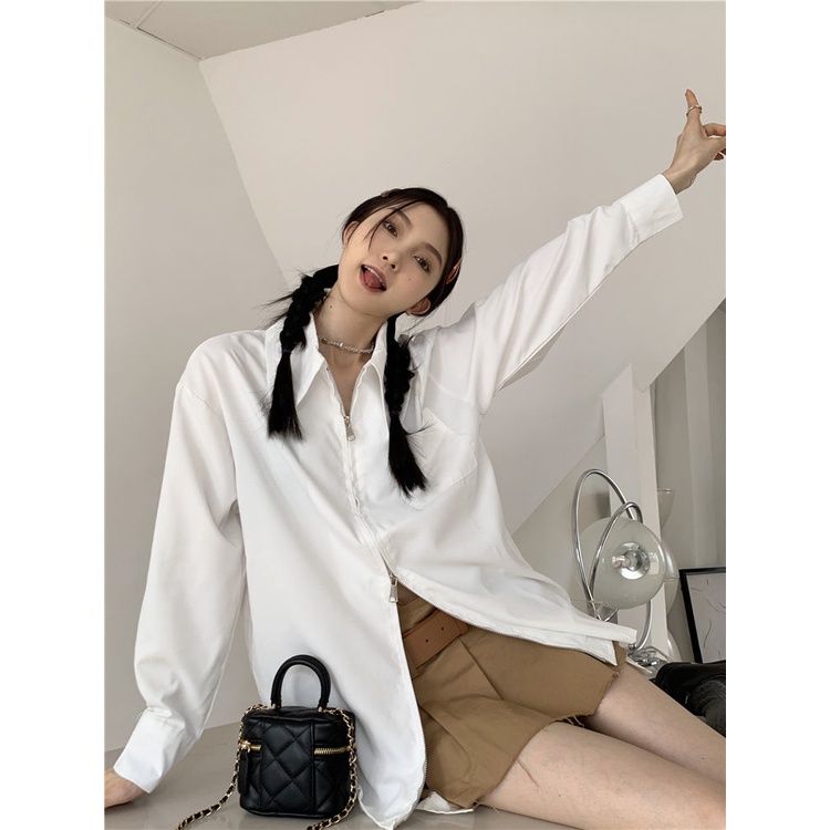 Áo Sơ Mi Tay Dài Dáng Rộng Có Khóa Kéo Kiểu Pháp Thời Trang Mùa Thu Cho Nữ