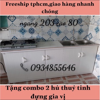 Tủ bếp nhựa có bồn rửa đôi-vòi- mặt bếp ốp gạch đá 203x80 Freeship HCM Có lắp đặt