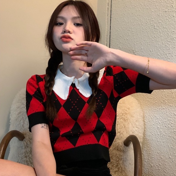 Áo thun dệt kim ZHELIHANGFEI cổ búp bê tay ngắn họa tiết hình thoi dễ thương