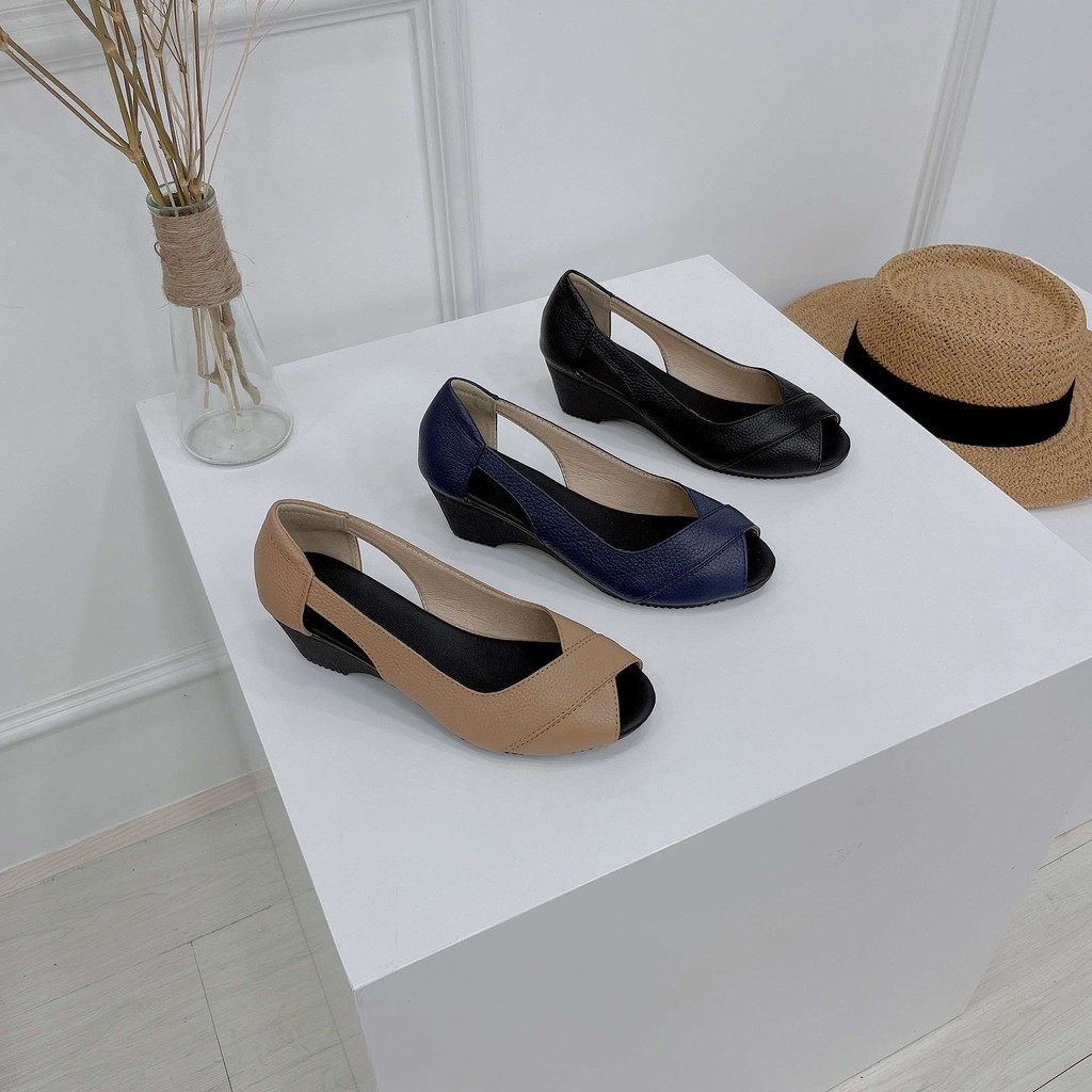 LiB - Giày Đế Xuồng 3cm Hở Mũi Da Bò Thật Êm Chân 372