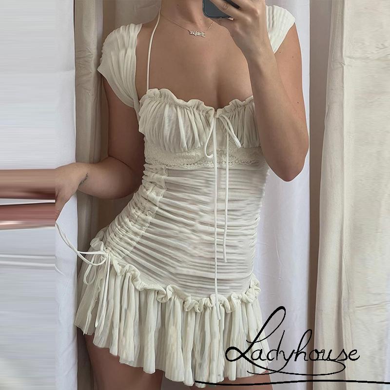 Ldd-đầm Tay Ngắn Dây Rút Màu Trắng Thời Trang Mùa Hè Dành Cho Nữ