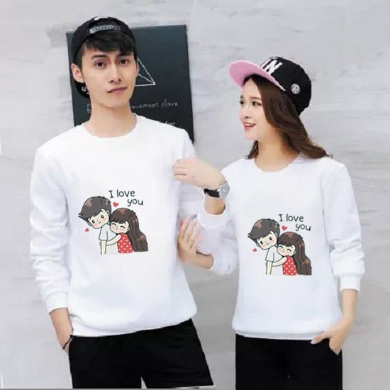 Áo Cặp Đôi Xinh Kute Nam Nữ Đón Thu Đông Ấm Áp Dài Bo Tay Chất Liệu Da Cá In 3D Hai Người Ôm I Love You - MEO1420