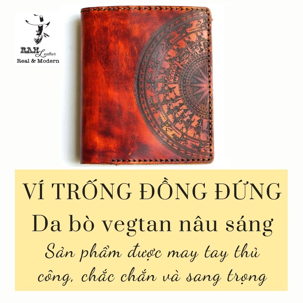 Ví nam handmade da bò vegtan Italia handmade bền chắc cao cấp khắc Trống Đồng Việt Nam nâu sáng RAM Leather