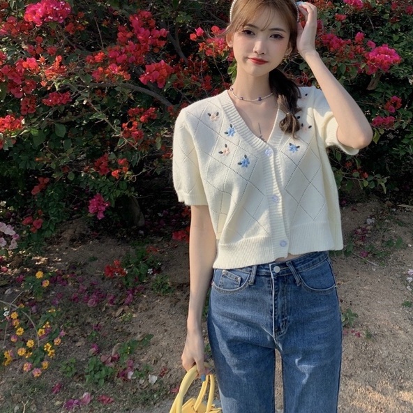 Áo khoác cardigan dệt kim ZHELIHANGFEI dáng ngắn thêu họa tiết thanh lịch cao cấp