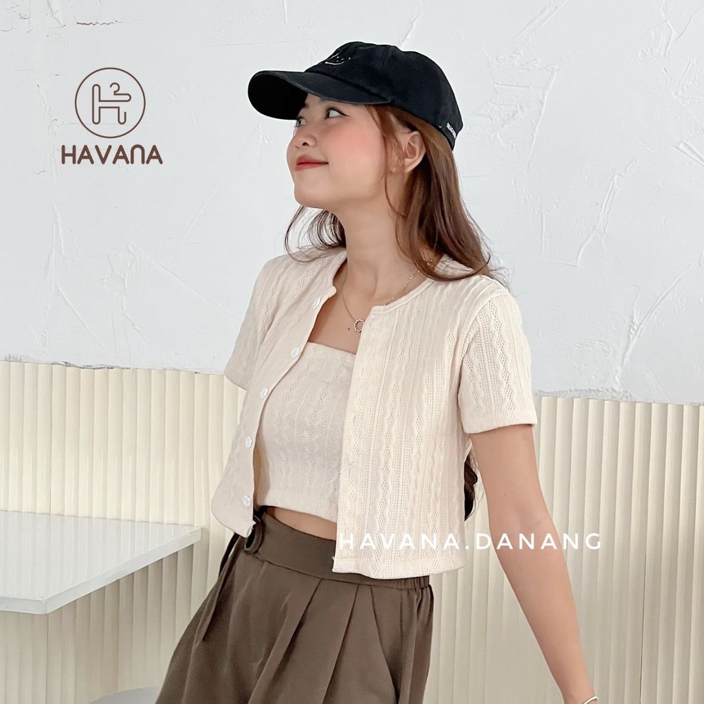 Áo croptop ngắn tay kèm hai dây bên trong, set áo len họa tiết cúc hoa AE237