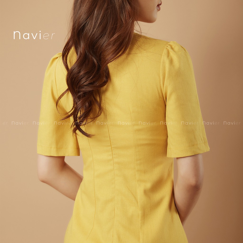 ĐẦM DÀI TAY PHỒNG DÁNG ÔM - VÁY THIẾT KẾ CỔ V CÔNG SỞ ĐI CHƠI DỰ TIỆC LINEN DRESS D03 NAVIER