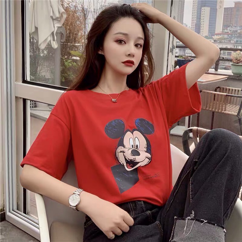 [Thun Hè 2020]Áo Phông Áo Thun In Hình Mickey Face Dáng Rộng Tay Lỡ