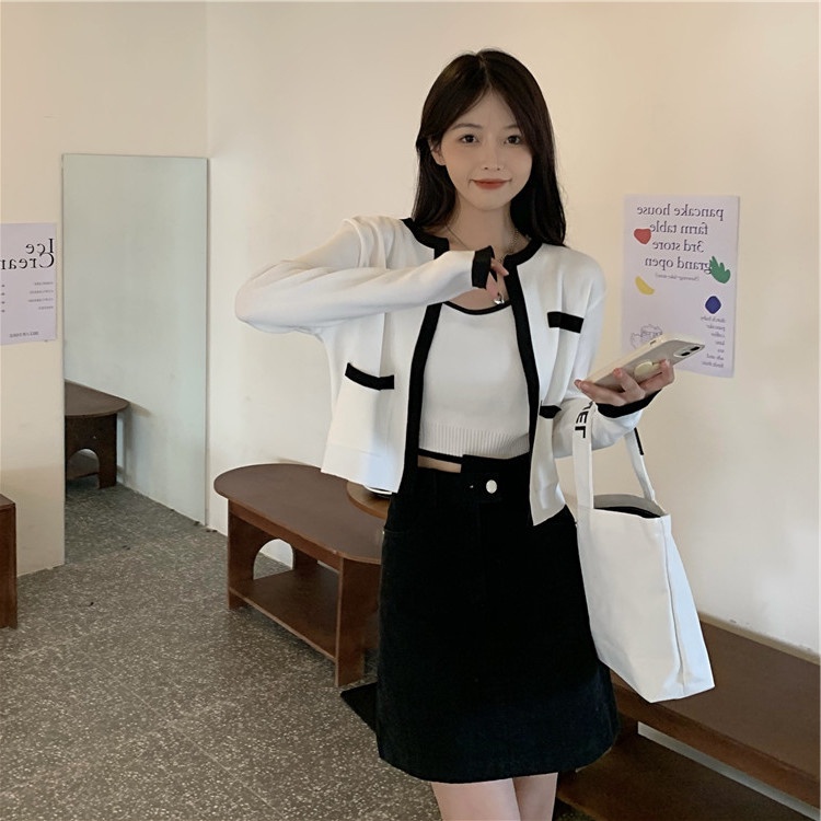 ZHELIHANGFEI Bộ Áo Cardigan Dệt Kim Hai Dây + Quần Lưng Cao Gợi Cảm Dành Cho Nữ