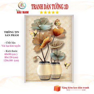 Tranh dán tường 3D bình hoa Vải lụa kim tuyến kích thước theo yêu cầu