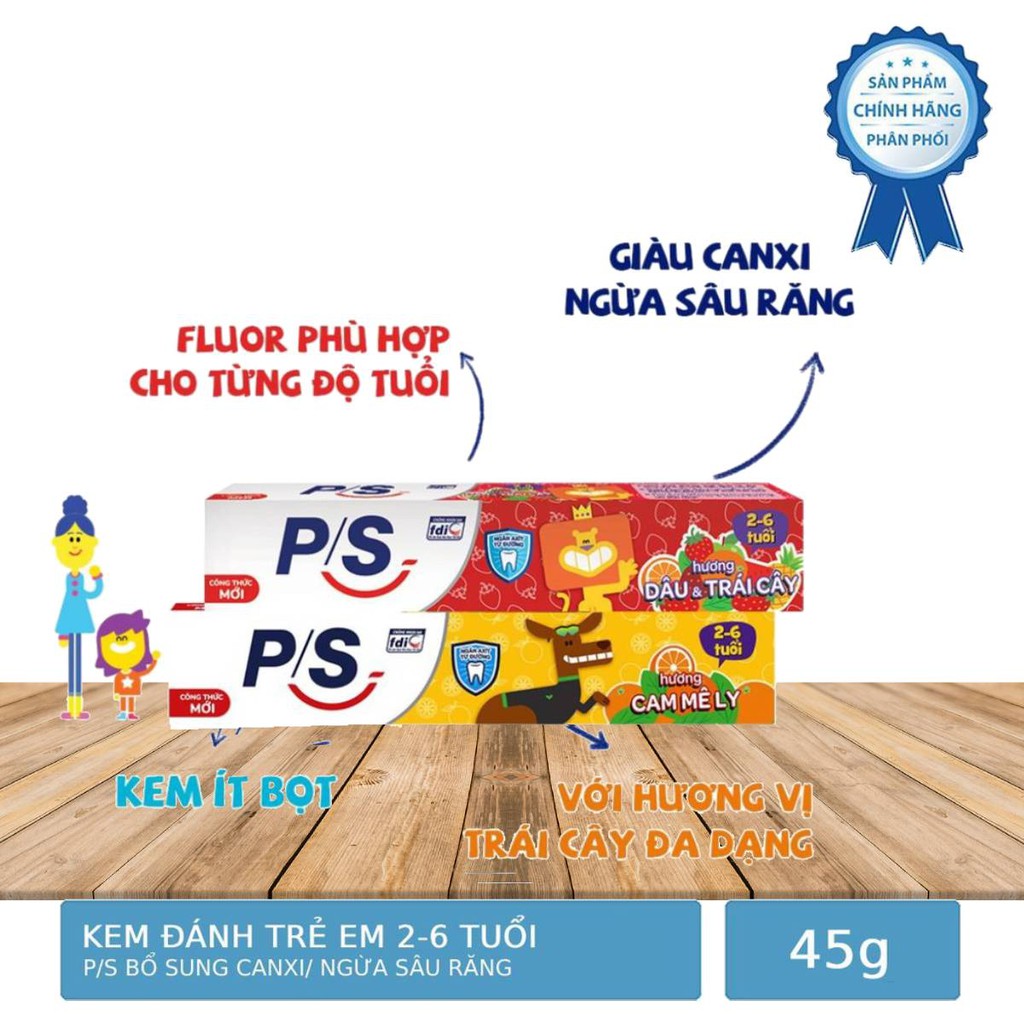 Kem Đánh Răng P/S Ngừa Sâu Răng/ Bổ Sung Canxi Cho Bé 2-6 Tuổi 45g