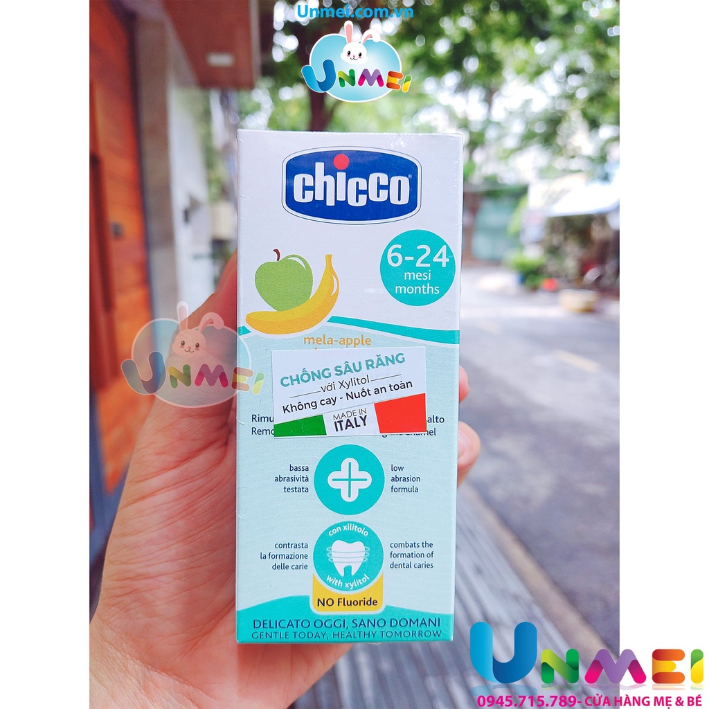 Kem Đánh Răng cho Bé Chicco, Nuốt Được, Không Fluoride, Chai Lớn 50ml, Dâu ,Chuối táo ,Hàng Italy