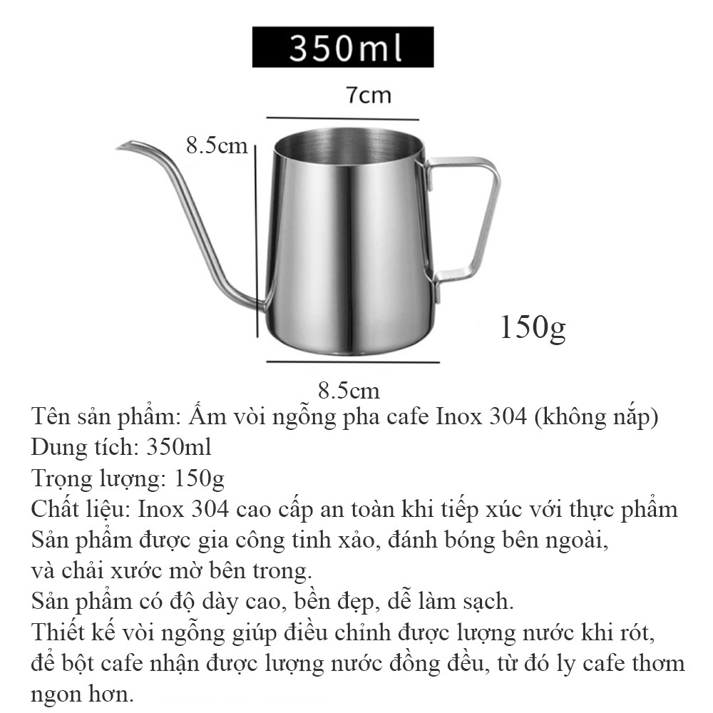 Ấm rót pha trà, cà phê cổ ngỗng không nắp - chất liệu Inox 304 cao cấp - trọn đời không han gỉ