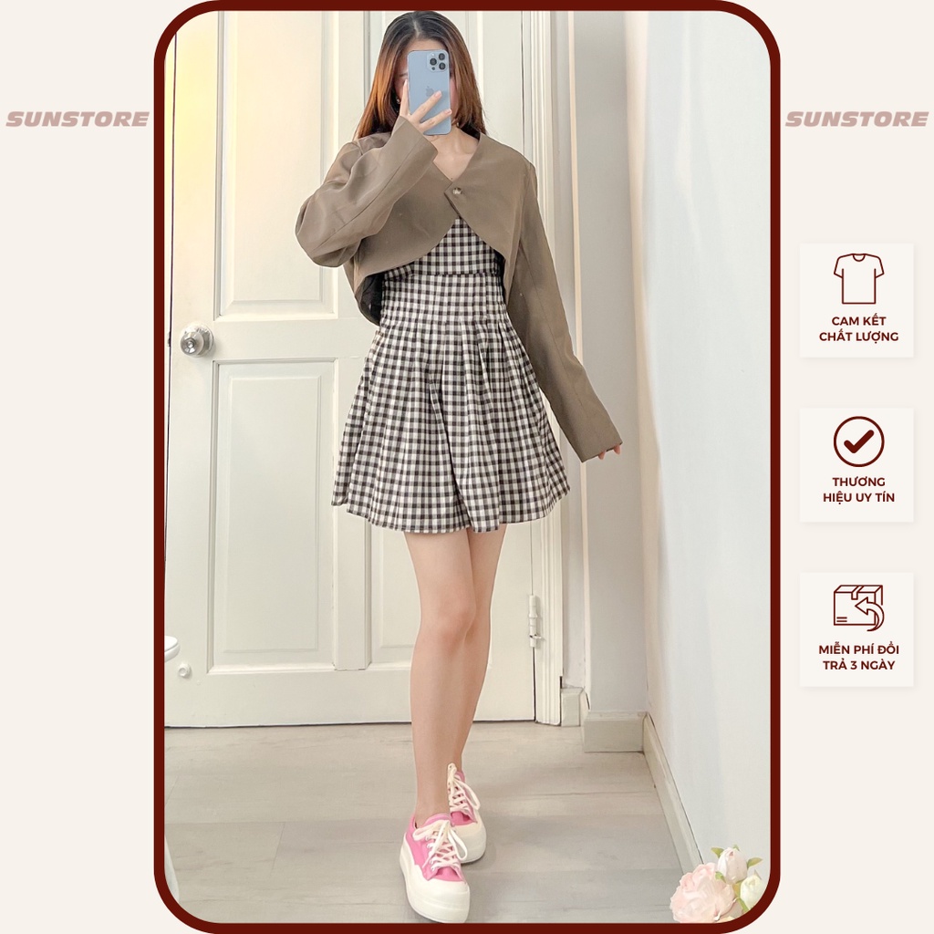 Set đồ nữ đi chơi đầm hai dây kèm áo khoác croptop