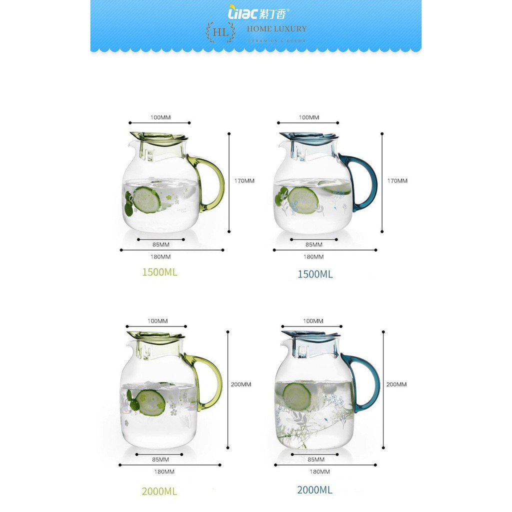 [Giá sỉ] Bình đựng nước thuỷ tinh chịu nhiệt cao LiLac 1.5L - 2 Lít Hoa Văn cao cấp đẹp