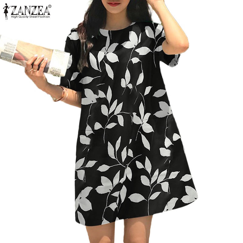 Đầm ZANZEA tay ngắn cổ tròn in họa tiết hoa lá phong cách cổ điển thời trang