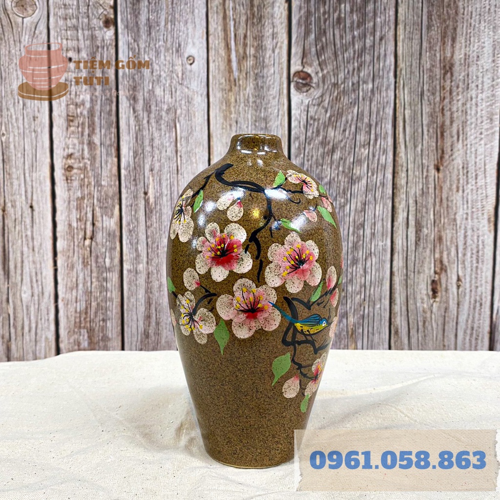 Lọ Hoa Decor, Bộ Bình Hút Lộc BÁT TRÀNG - GỐM SỨ TUTI - Men Bóng Nâu Đốm , Họa Tiết Vẽ Tay Cao 23,19,15 Cm