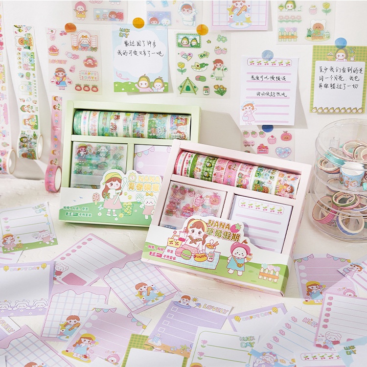 Cuộn washi, sticker và giấy note nguyên bộ