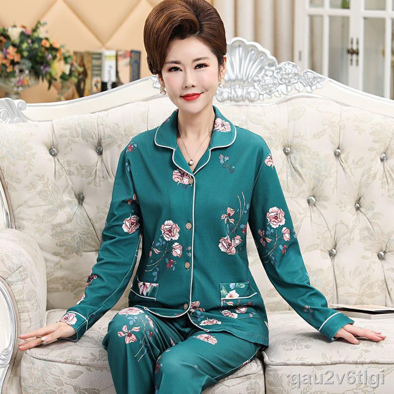 Pyjama nữ tay dài cotton Phù hợp với người cao tuổi cardigan plus size home serviceJ