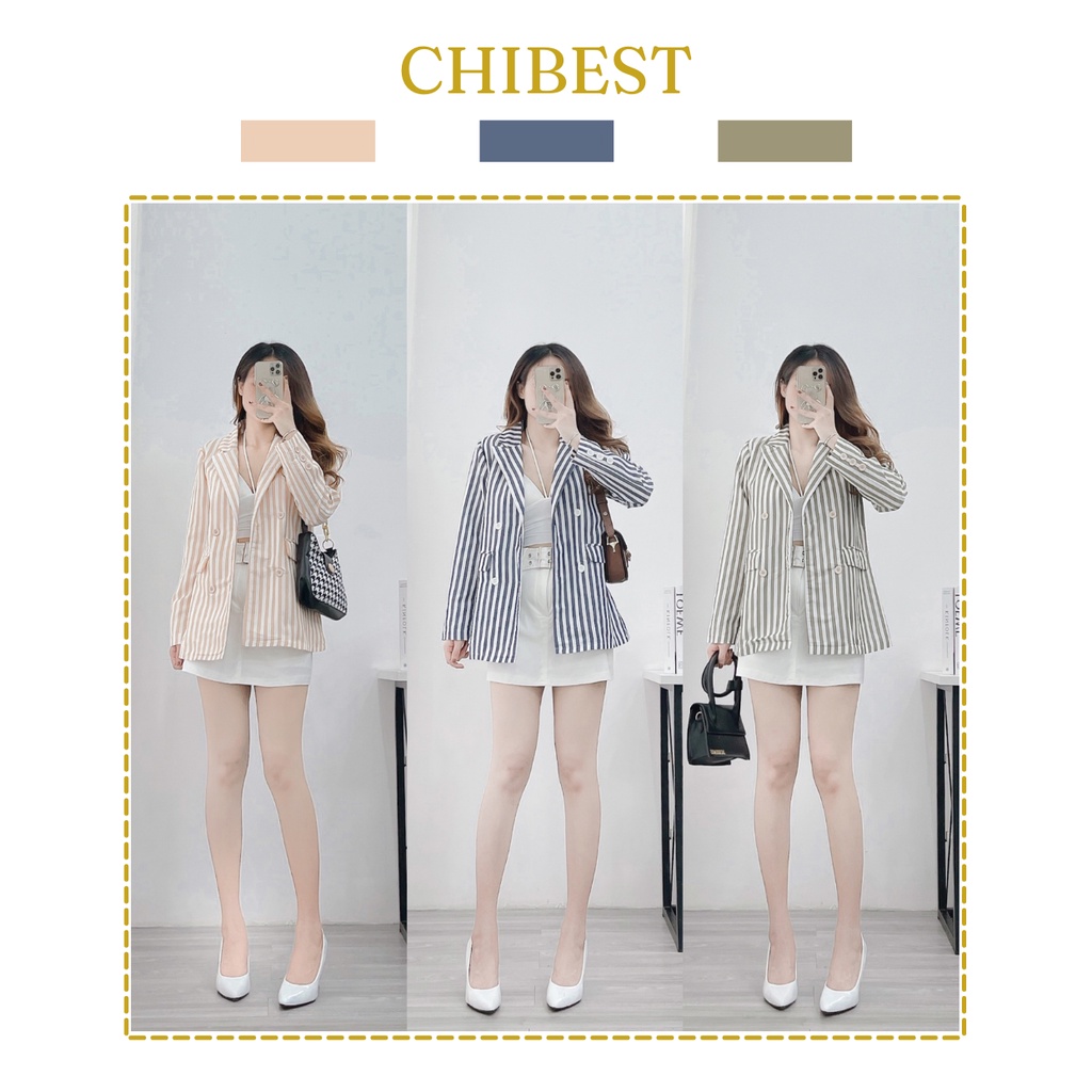 Áo blazer nữ Hàn Quốc khoác vest sọc phối nút tay thiết kế túi đứng sang trọng thanh lịch  AAB72 CHIBEST