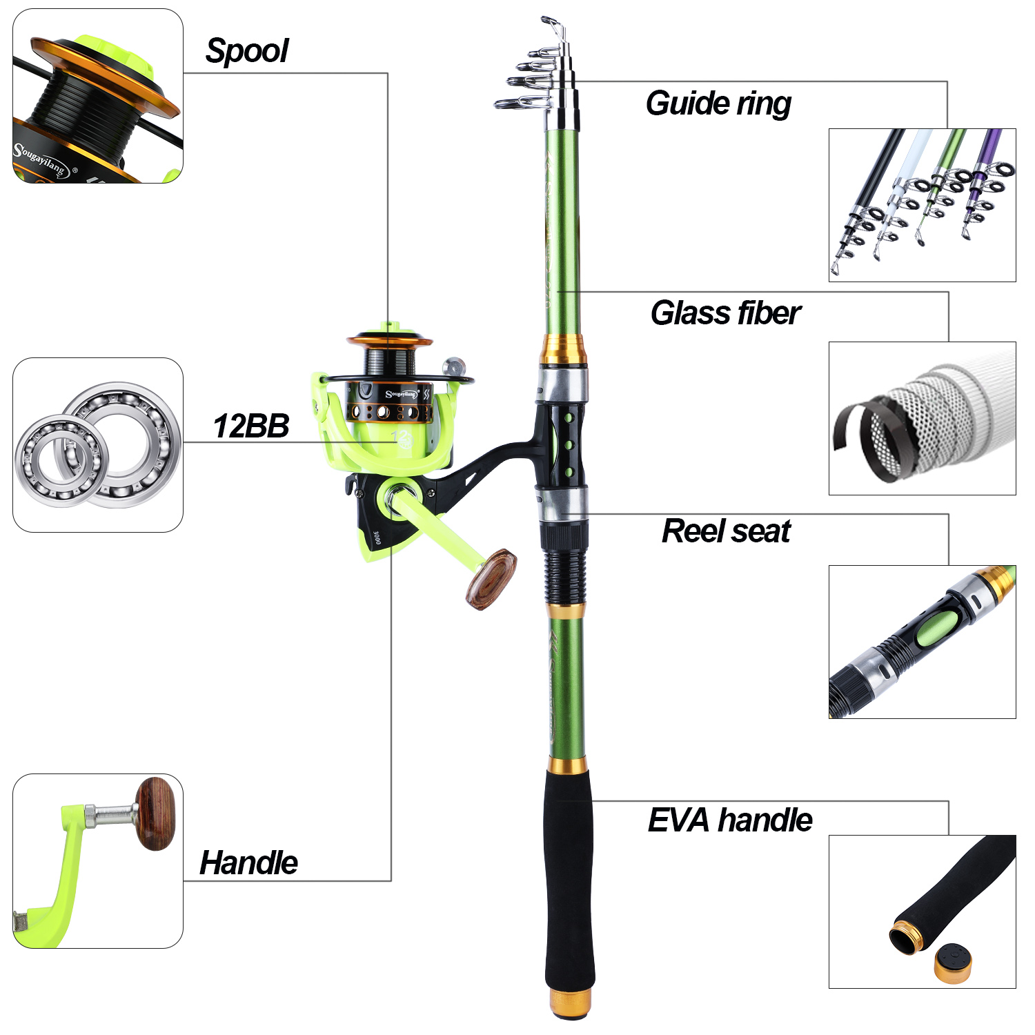 Sougayilang Rotating Fishing Rod and Reel Set High Speed 5.0:1/5.2:1 With 12/6BB Bearings Sizes 1.8m-3.3m
