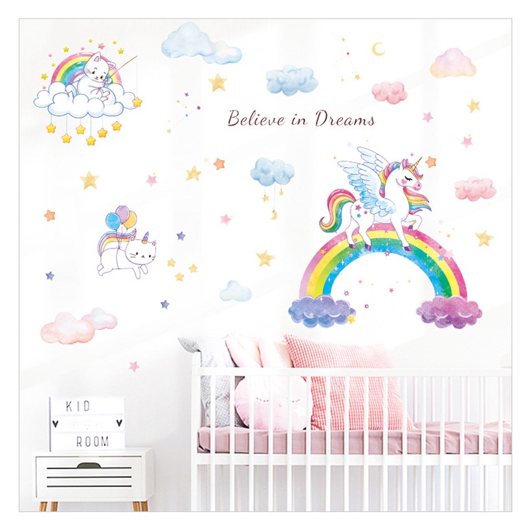 Decal dán tường tranh dán tường cầu vồng hoạt hình cho bé trang trí nhà cửa